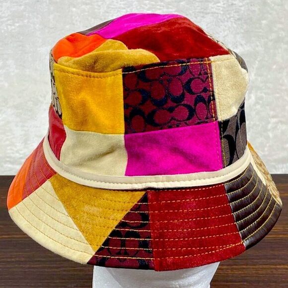VINTAGE COACH CRUSHER PATCHWORK SUEDE LEATHER SIGNTURE RUST YELLOW PINK SZ S EVC - Picture 1 of 12